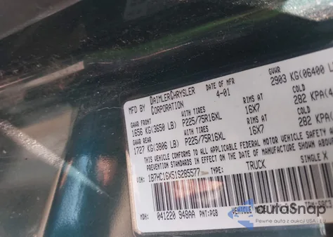 2001 Dodge Ram 1500 St/Ws z USA, uszkodzony, nr VIN 1B7HC16X51S285577